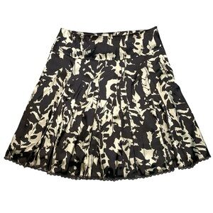 Apostrophe Abstract Print Satin Pleated Midi Skirt Silky Lace Trim Summer Fall